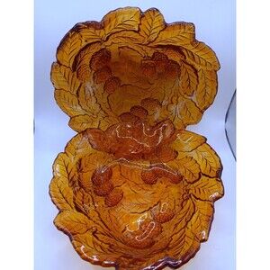 2) Vintage Amber Carnival Glass Candy Dish / Bowls Leaves & Berries Solid Amber